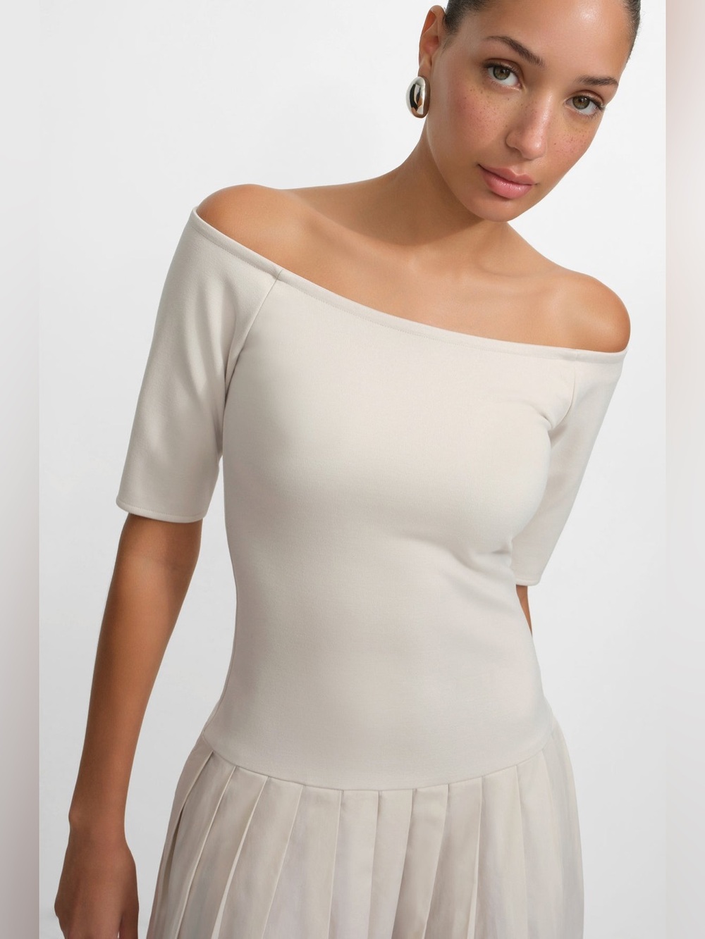 NWT Marcella Mila Dress L Cream Ponte Cotton Midi Fit Flare Pockets - Picture 3 of 15